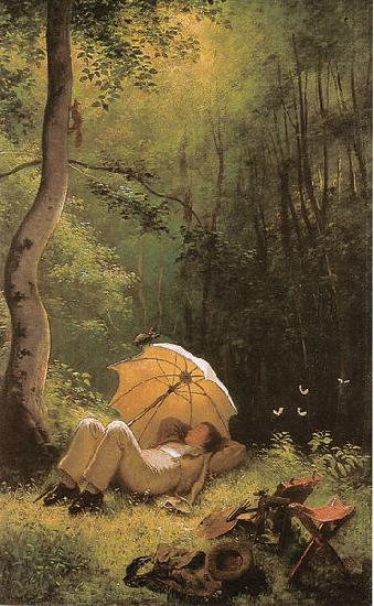 Carl Spitzweg Der Maler auf einer Waldlichtung, unter einem Schirm liegend oil painting picture